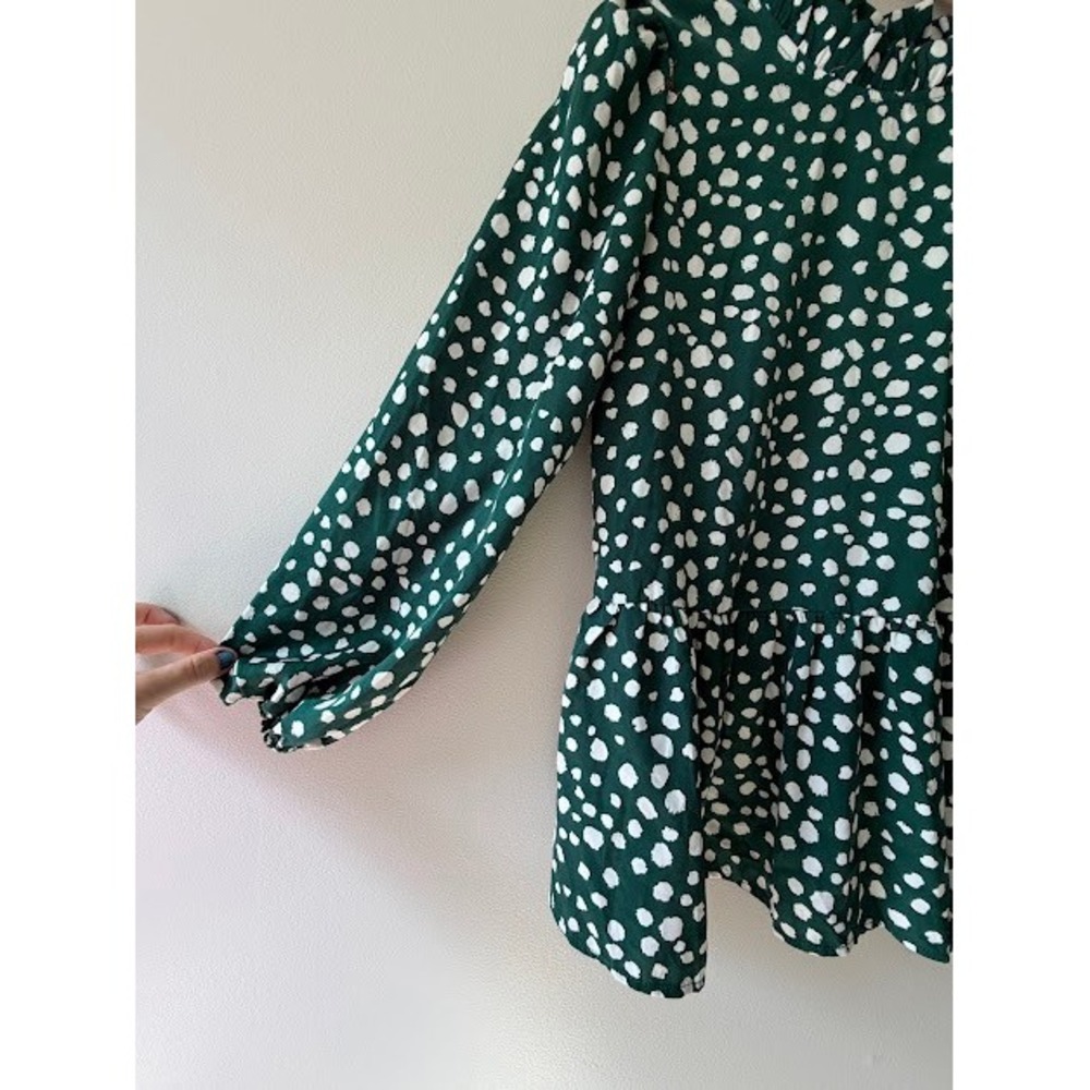 Peplum Solution Blouse Womens Small Green Polka Dot Ruffle Mock Neck S24302 Top - Picture 6 of 6
